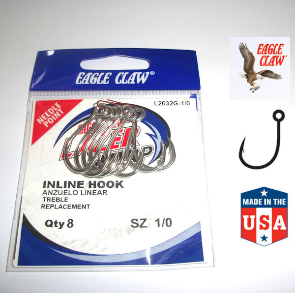 Eagle Claw INLINE Lure Hooks - 1/0 to 5/0 - L2032 Lazer Sharp Needle Point